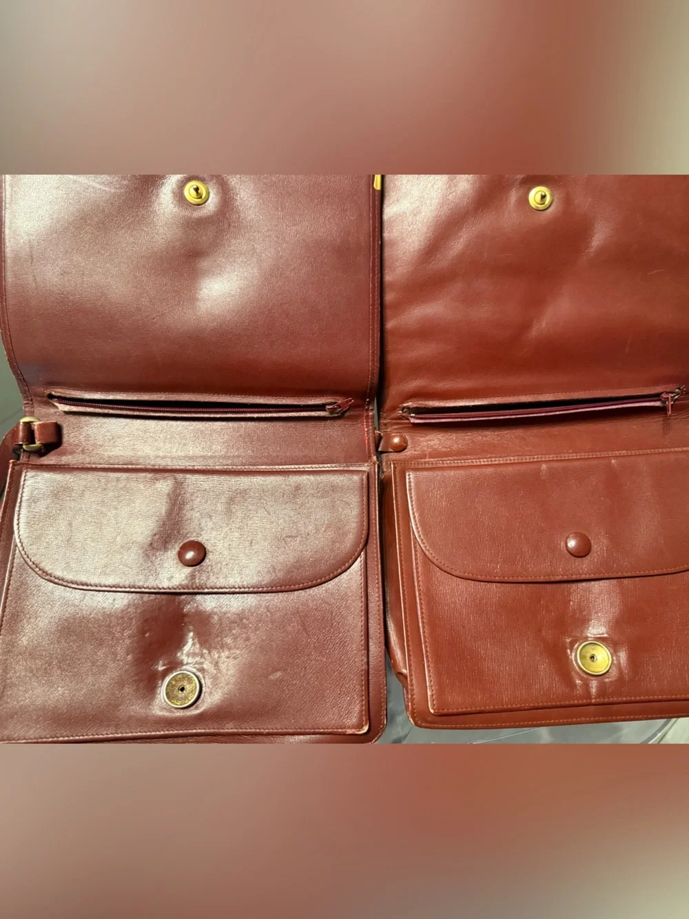 Burgundy Leather Messenger Bag with Gold Corner Accents